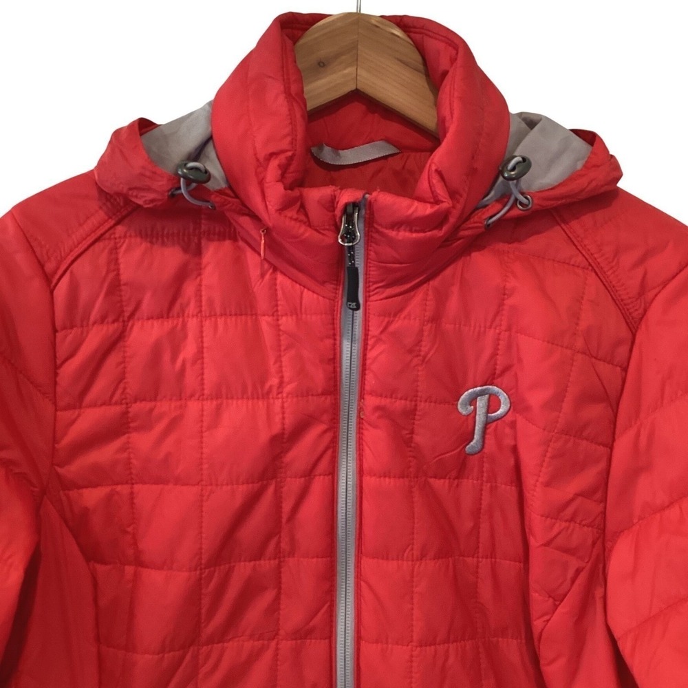 Cutter & Buck Phillies MLB Red Quilted WeatherTec Hooded Puffer Jacket - Large